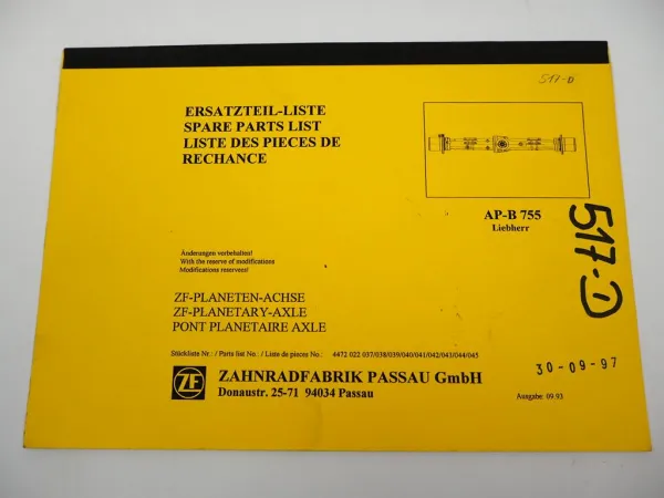 Original ZF AP-B 755 Planetenachse Ersatzteilliste Liebherr Parts List 09/1993
