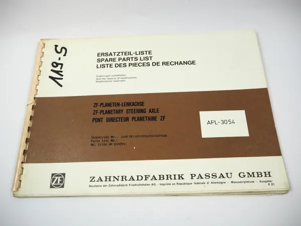 Original ZF APL-3054 Planetenlenkachse Ersatzteilliste Fendt Deutz IHC Parts List