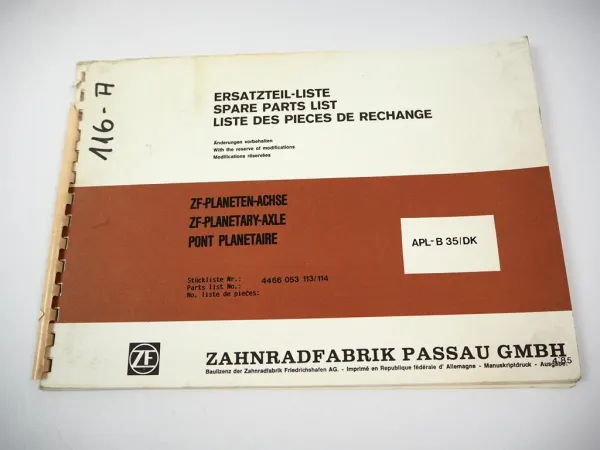 Original ZF APL-B 35/DK Planetenlenkachse Ersatzteilliste Parts List Gottwald 85