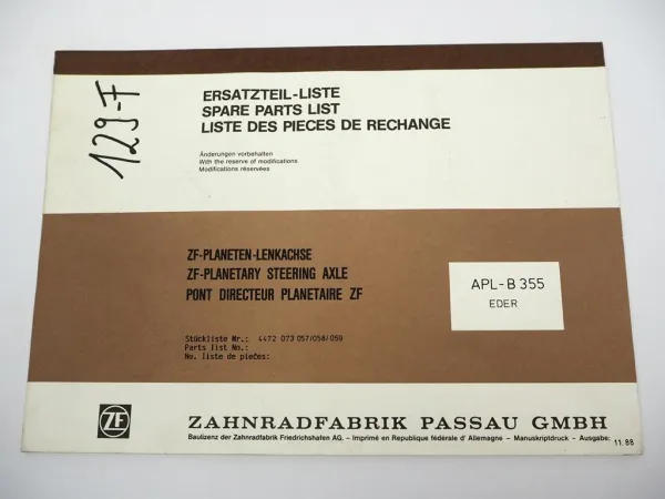 Original ZF APL-B 355 Planetenlenkachse Ersatzteilliste Eder Parts List 11/1988