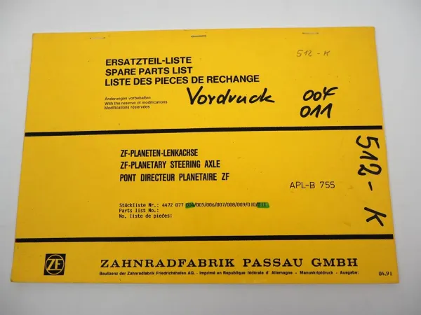 Original ZF APL-B 755 Planetenlenkachse Ersatzteilliste Liebherr Parts List 4/91