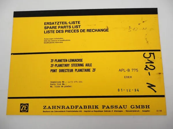 Original ZF APL-B 775 Planetenlenkachse Ersatzteilliste Eder Parts List 01/1988