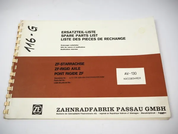 Original ZF AV-130 Starrachse Ersatzteilliste Kässbohrer Bus Parts List 1985