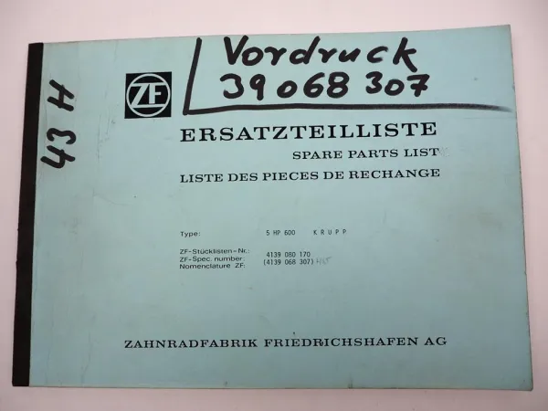 Original ZF Ecomat 5 HP 600 Getriebe Ersatzteilliste Krupp Parts List 11/1988