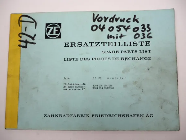 Original ZF Ecomid 8 S 180 Getriebe Ersatzteilliste Auwärter Parts List 01/1990