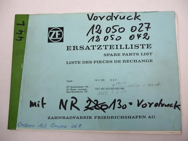 Original ZF Ecosplit 16 S 220 Getriebe Ersatzteilliste DAF Parts List 01/1990