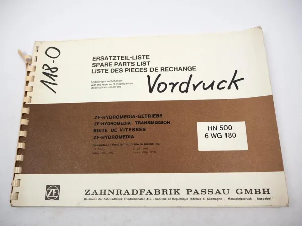 Original ZF HN 500 & 6 WG 180 Hydromedia Getriebe Ersatzteilliste O&K Faun Krupp