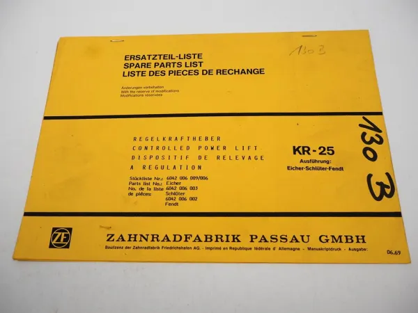 Original ZF KR-25 Regelkraftheber Ersatzteilliste Eicher Schlüter Fendt 06/1969
