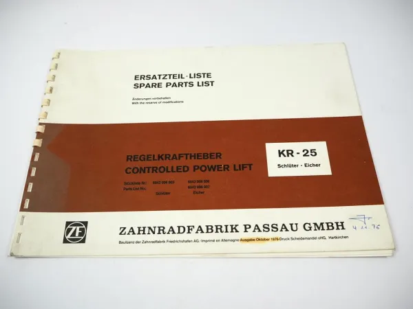 Original ZF KR-25 Regelkraftheber Ersatzteilliste Schlüter Eicher Parts List 1976