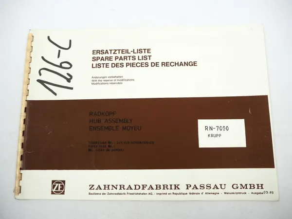 Original ZF RN-7000 Radkopf Ersatzteilliste Krupp Spare Parts List 03/1989