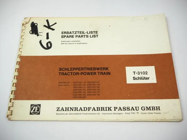 Original ZF T-3102 Schleppertriebwerk Ersatzteilliste Parts List Schlüter 1978