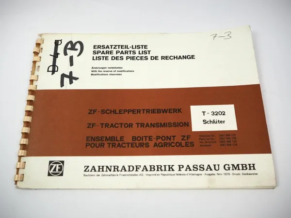 Original ZF T-3202 Schleppertriebwerk Ersatzteilliste Parts List Schlüter 1979