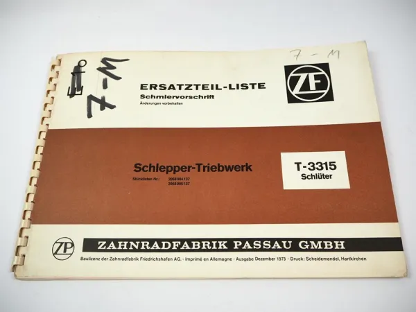 Original ZF T-3315 Schleppertriebwerk Bedienung Wartung Ersatzteilliste Schlüter