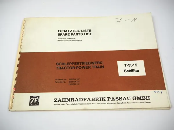 Original ZF T-3315 Schleppertriebwerk Ersatzteilliste Schlüter Parts List 1977