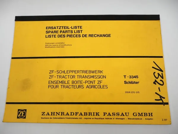 Original ZF T-3345 Schleppertriebwerk Ersatzteilliste Schlüter Parts List 2/1987