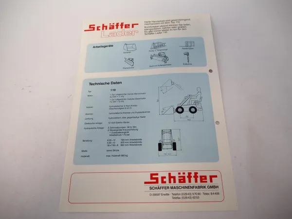 Originaler Prospekt Schäffer Lader 110 mit 2 Seiten ca. 1992