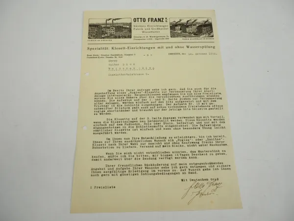 Otto Franz KG Sanitäre Einrichtungen Fabrik Dresden Bodenbach Böhmen Brief 1938
