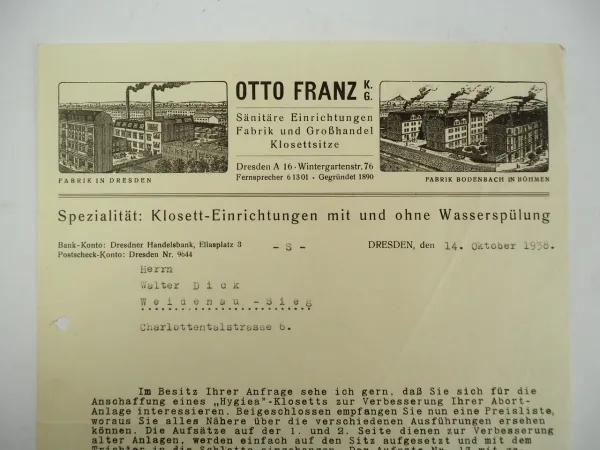 Otto Franz KG Sanitäre Einrichtungen Fabrik Dresden Bodenbach Böhmen Brief 1938