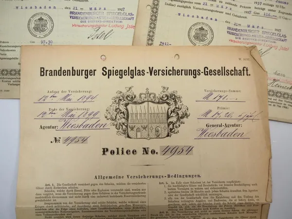 Palast Hotel Wiesbaden Kranzplatz 5 6x Versicherungs Police 1894 - 1927