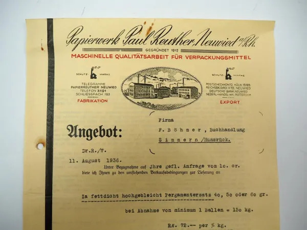 Papierwerk Paul Reuther Neuwied Rhein Firmenbrief Angebot Aug. 1936