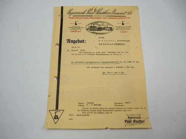 Papierwerk Paul Reuther Neuwied Rhein Firmenbrief Angebot Aug. 1936