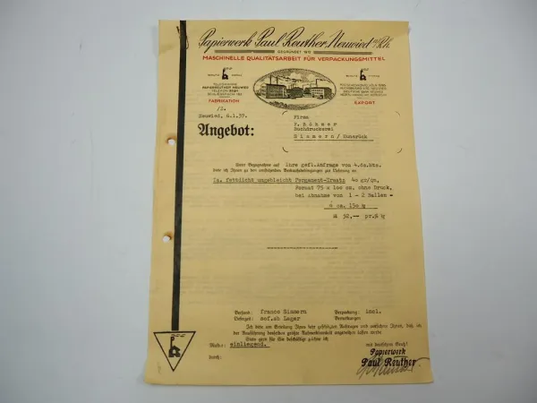 Papierwerk Paul Reuther Neuwied Rhein Firmenbrief Angebot Jan. 1937