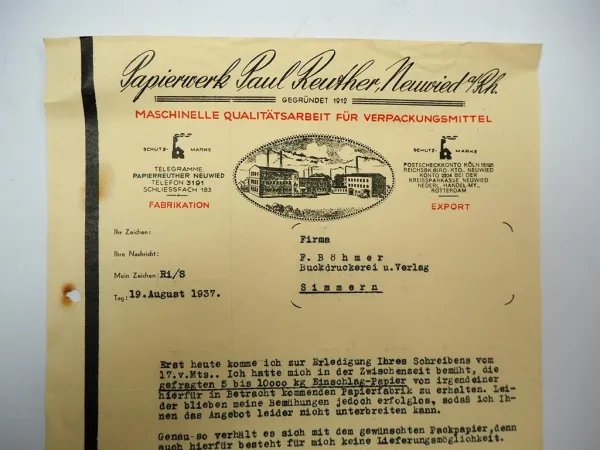 Papierwerk Paul Reuther Neuwied Rhein Firmenbrief Aug. 1937
