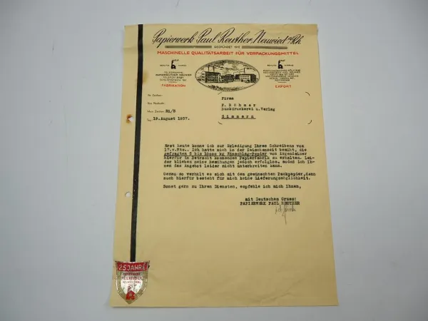 Papierwerk Paul Reuther Neuwied Rhein Firmenbrief Aug. 1937