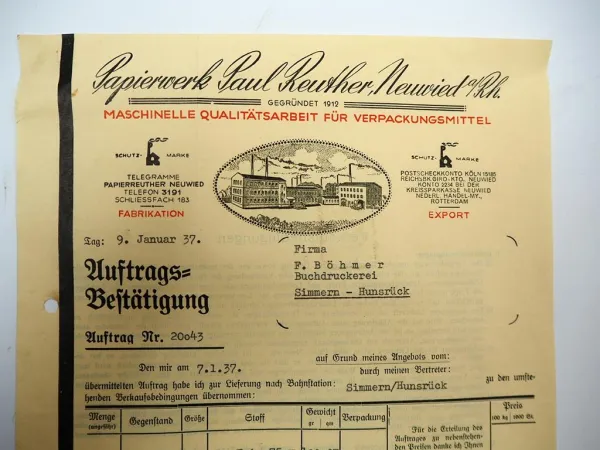 Papierwerk Paul Reuther Neuwied Rhein Rechnung Auftragsbestätigung 1937