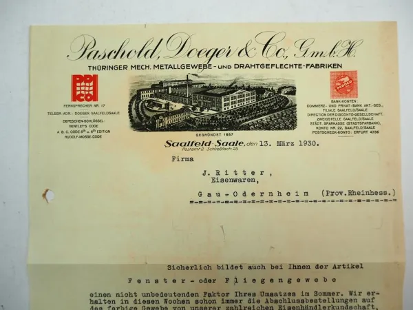 Paschold Doeger Thüringer Metallgewebe Fabriken Saalfeld Saale Firmenbrief 1930