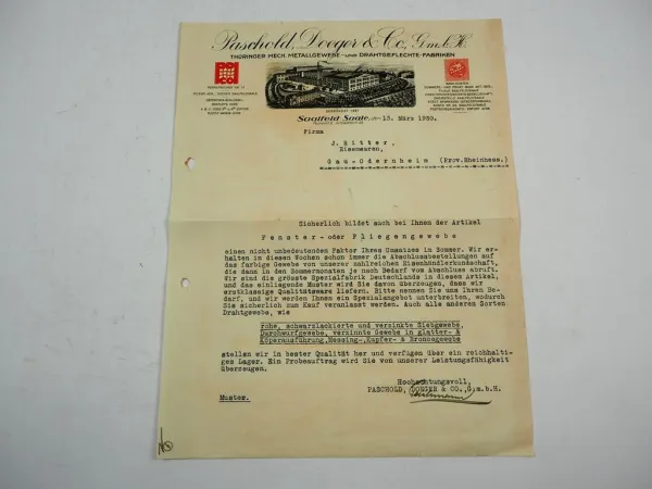 Paschold Doeger Thüringer Metallgewebe Fabriken Saalfeld Saale Firmenbrief 1930