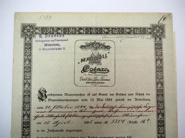 Patent Urkunde Macholl Cognac München Kaiserliches Patentamt 1895