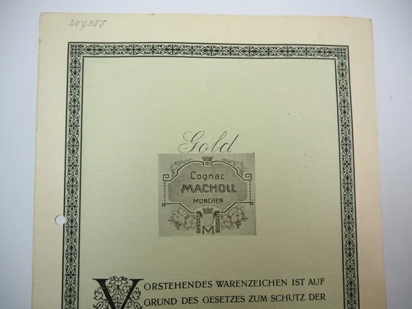 Patent Urkunde Macholl Cognac München Reichspatentamt 1915/20