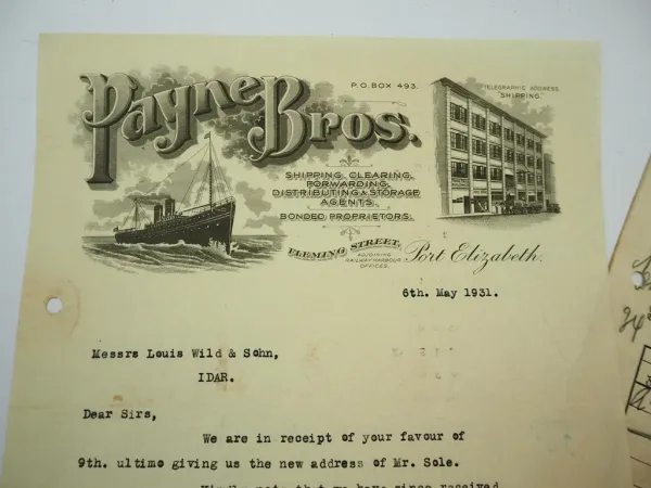 Payne Bros Port Elizabeth Louis Wild & Sohn Idar Oberstein Frachtbrief Amethyst