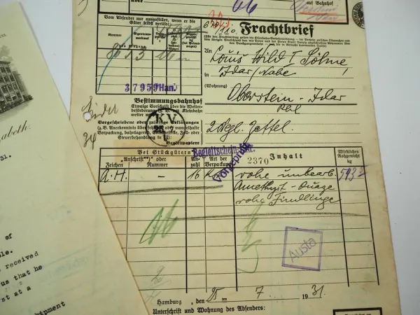 Payne Bros Port Elizabeth Louis Wild & Sohn Idar Oberstein Frachtbrief Amethyst