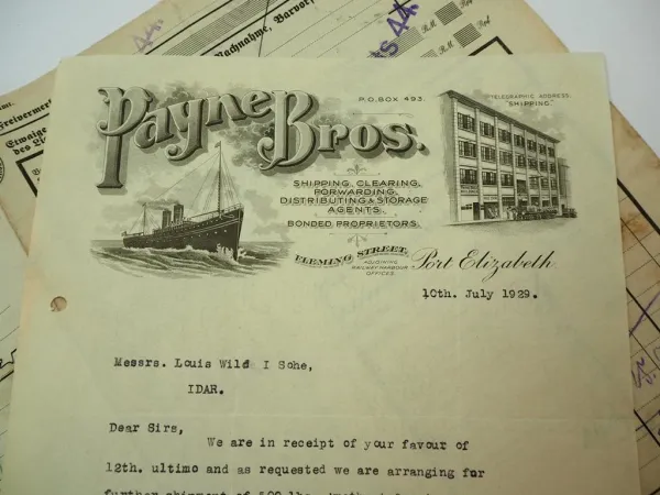 Payne Bros. Port Elizabeth Louis Wild & Sohn Idar Oberstein Frachtbrief Amethyst