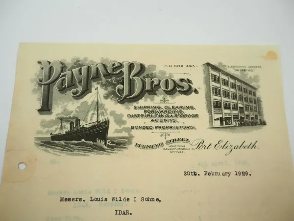 Payne Bros Port Elizabeth Südafrika an Goldschmied Wild in Idar Oberstein 1929