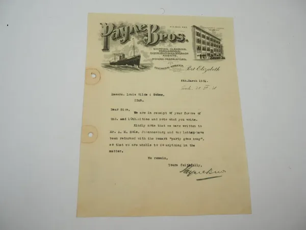 Payne Bros Port Elizabeth Südafrika an Goldschmied Wild in Idar Oberstein 1931