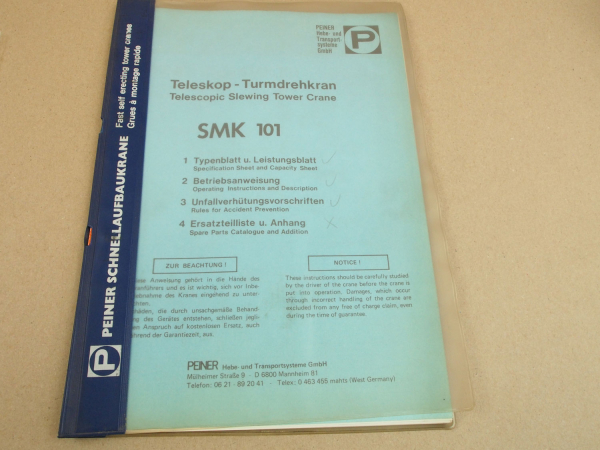 Peiner SMK 101 Turmdrehkran Betriebsanleitung Typenblatt Montage Schaltplan