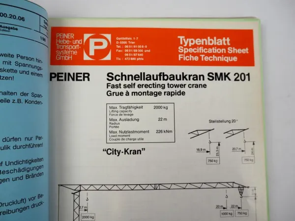 Peiner SMK 201 Turmdrehkran Betriebsanweisung Ersatzteilliste 1991