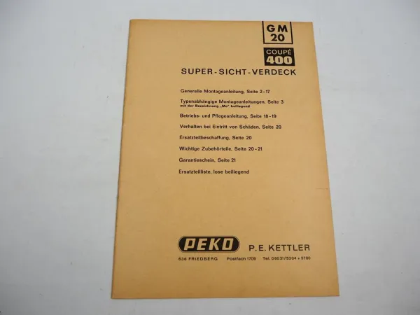 Peko GM20 Coupe 400 Verdeck f. Schlepper z.B. Hanomag Montageanleitung 1960/70er