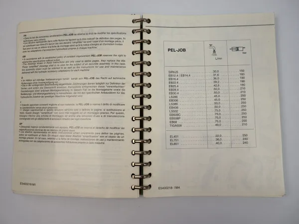 Pel-Job Händler Preisliste für Baumaschinen EB ES LS Sirius Tiga ab 04/1996