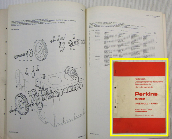 Perkins 3.152 Engine Ingersoll Rand Parts Catalog List Ersatzteilliste 12/1972