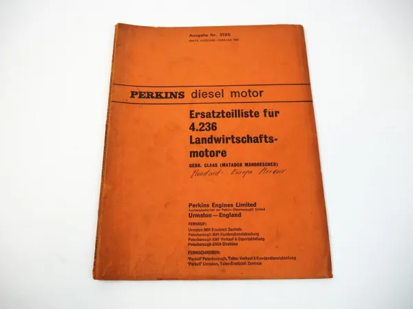 Perkins 4.236 Diesel Motor Ersatzteilkatalog Claas Matador Ersatzteilliste 1965