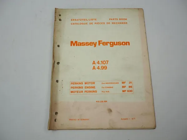 Perkins A4.107 A4.99 Motor Ersatzteilliste f. Massey Ferguson MF 31 86 630S