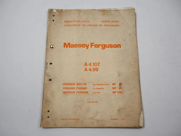 Perkins A4.107 A4.99 Motor Ersatzteilliste f. Massey Ferguson MF 31 86 630S 1971