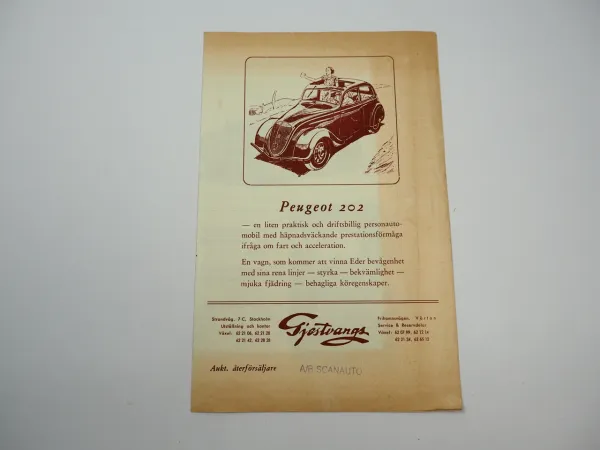 Peugeot 202 PKW Prospekt Brochure 1947 Stockholm Schweden