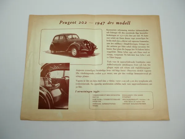 Peugeot 202 PKW Prospekt Brochure 1947 Stockholm Schweden