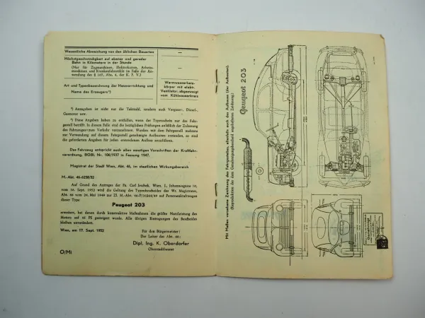 Peugeot 203 BJ 1953 Österreichischer Typenschein für Sammler