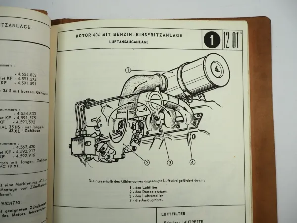 Peugeot 404 Motor XC.KF2 Benzin Einspritzanlage Nachtrag Werkstatthandbuch 1964